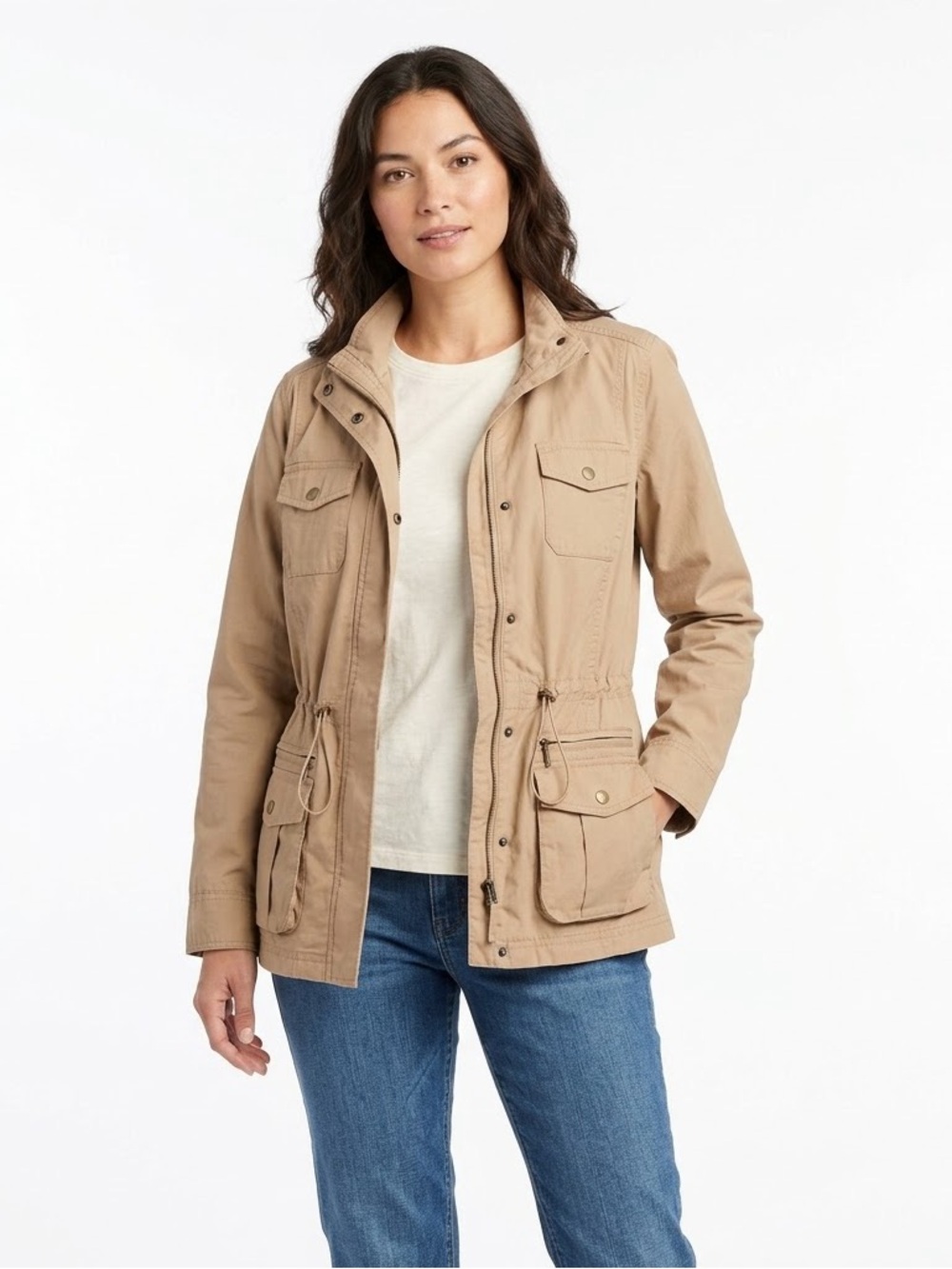 NWOT, L.L. Bean Womans Cotton Blend Utility Jacket in Tan, Size L Reg